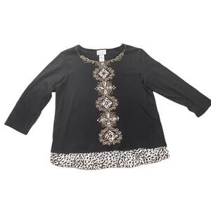 Alfred Dunner Black Top with Rhinestones Gold Embroidery & Leopard Trim Size M